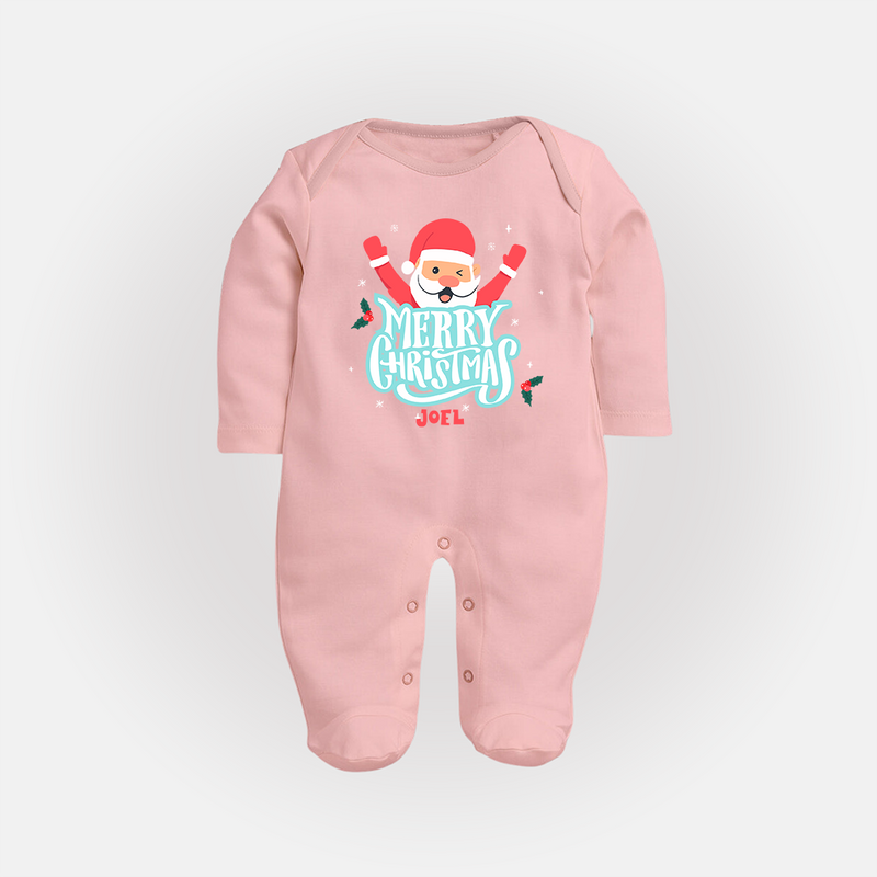 "Merry Christmas, Christmas Vibes" - Christmas Themed Baby Sleep Suit With Customized name - BABY PINK - New Born (Chest 7.5")