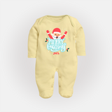 "Merry Christmas, Christmas Vibes" - Christmas Themed Baby Sleep Suit With Customized name - PASTEL YELLOW - New Born (Chest 7.5")