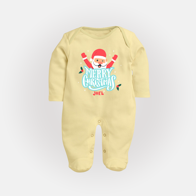 "Merry Christmas, Christmas Vibes" - Christmas Themed Baby Sleep Suit With Customized name - PASTEL YELLOW - New Born (Chest 7.5")