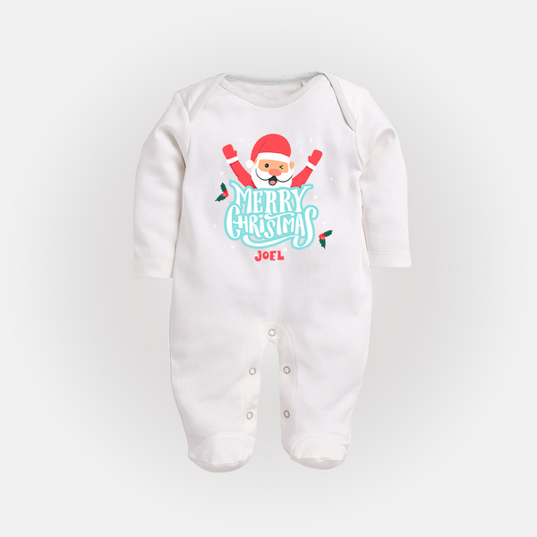 "Merry Christmas, Christmas Vibes" - Christmas Themed Baby Sleep Suit With Customized name - WHITE - New Born (Chest 7.5")