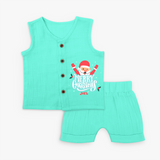 "Merry Christmas, Christmas Vibes" - Christmas Themed Kids Jabla Set With Customized name - AQUA GREEN - 0 - 3 Months Old (Chest 9.8")