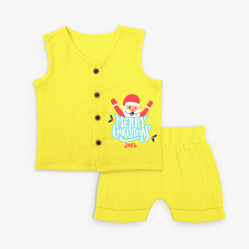 "Merry Christmas, Christmas Vibes" - Christmas Themed Kids Jabla Set With Customized name - YELLOW - 0 - 3 Months Old (Chest 9.8")