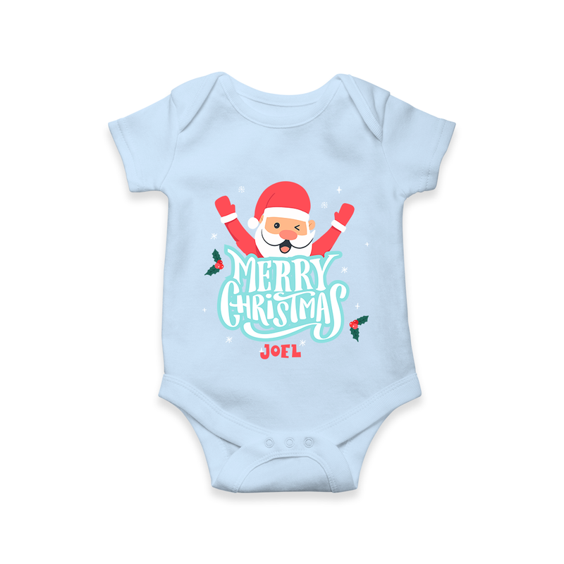 "Merry Christmas, Christmas Vibes" - Christmas Themed Kids Romper With Customized name - BABY BLUE - 0 - 3 Months Old (Chest 16")