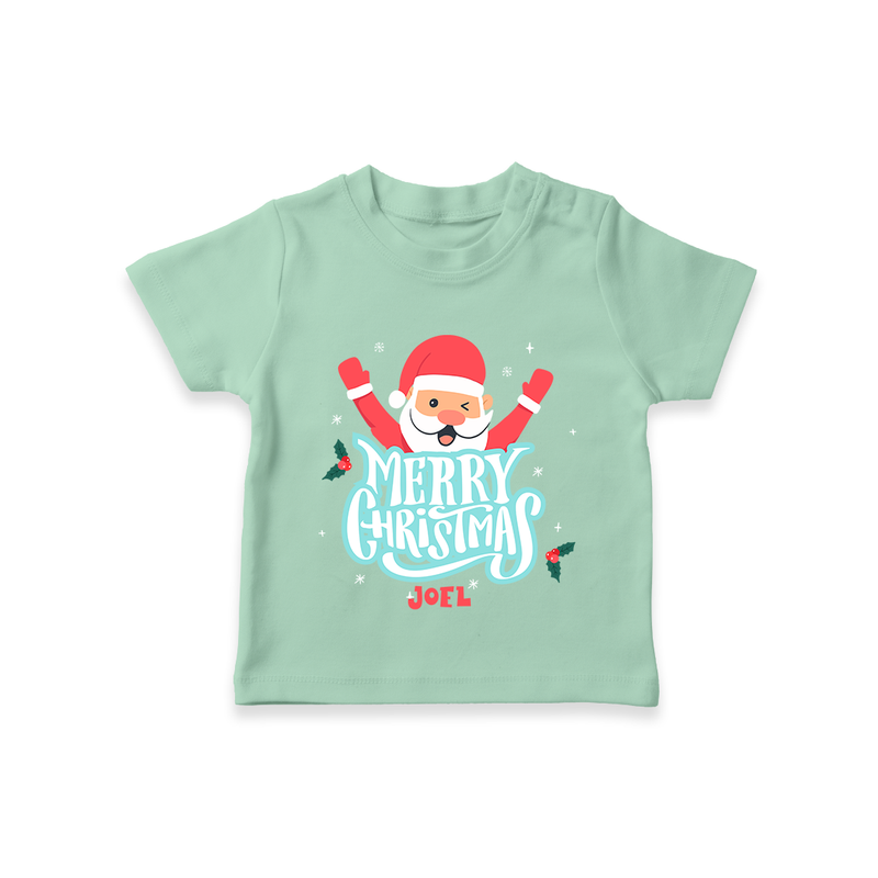 "Merry Christmas, Christmas Vibes" - Christmas Themed Kids T-Shirt With Customized name - MINT GREEN - 0-5 Months Old (Chest 17")