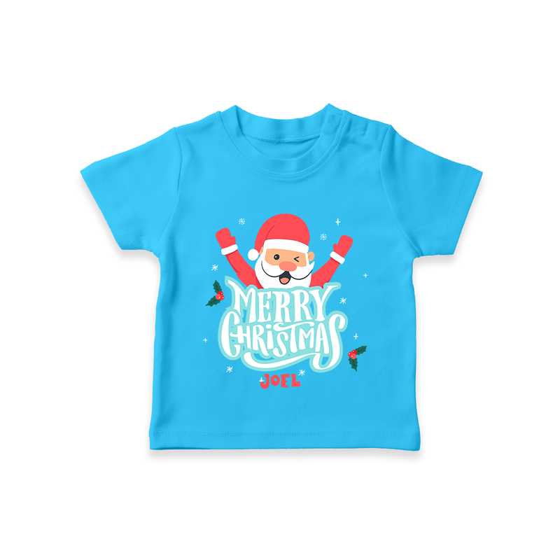 "Merry Christmas, Christmas Vibes" - Christmas Themed Kids T-Shirt With Customized name - SKY BLUE - 0-5 Months Old (Chest 17")