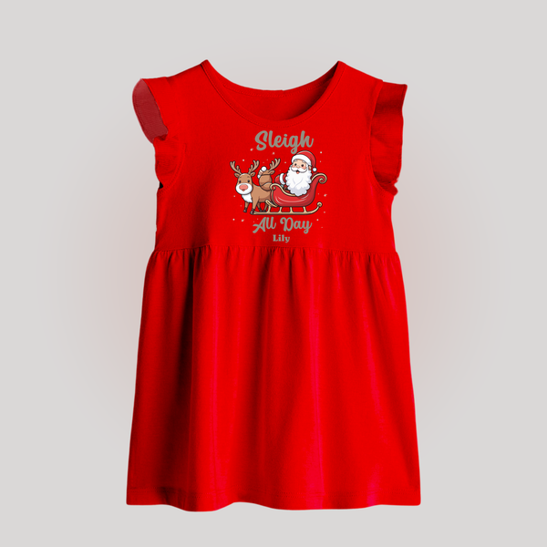 "Sleigh All Day " - Christmas Themed Baby Frock With Customized name - RED - 0 - 3 Months Old (Chest 17")