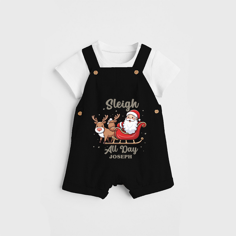 "Sleigh All Day " - Christmas Themed Kids Dungaree Set With Customized name - BLACK - 0 - 5 Months Old (Chest 18")