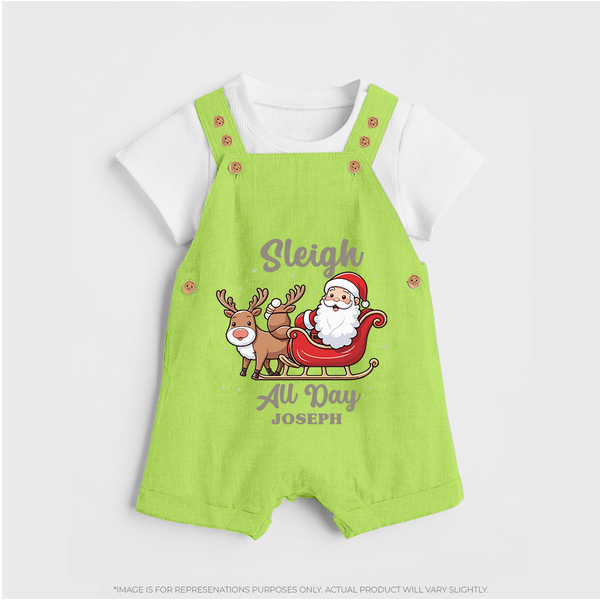 "Sleigh All Day " - Christmas Themed Kids Dungaree Set With Customized name - GREEN - 0 - 5 Months Old (Chest 18")