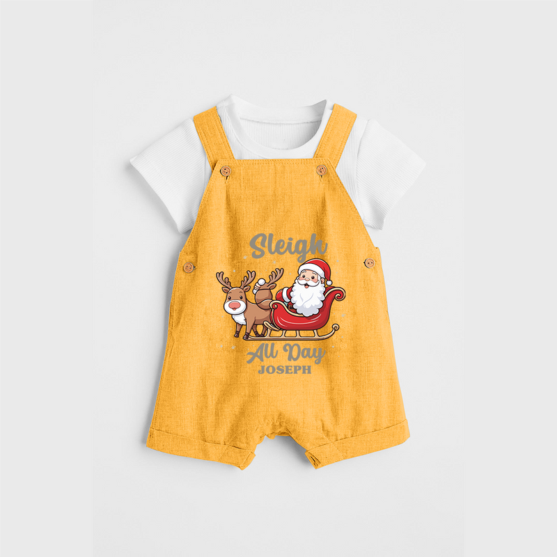 "Sleigh All Day " - Christmas Themed Kids Dungaree Set With Customized name - PASTEL YELLOW - 0 - 5 Months Old (Chest 18")