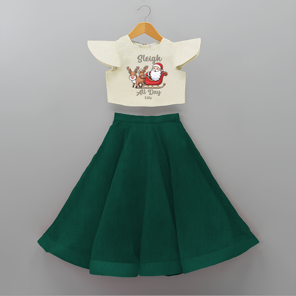 "Sleigh All Day " - Christmas Themed Kids Crop Top And Skirt With Customized name - BOTTLE GREEN - 6 - 9 Months Old (Chest 20" , Frock Waist 20")