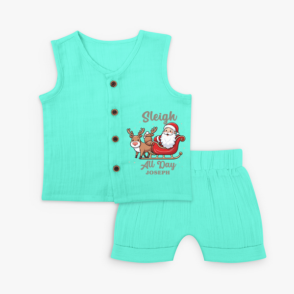 "Sleigh All Day " - Christmas Themed Kids Jabla Set With Customized name - AQUA GREEN - 0 - 3 Months Old (Chest 9.8")