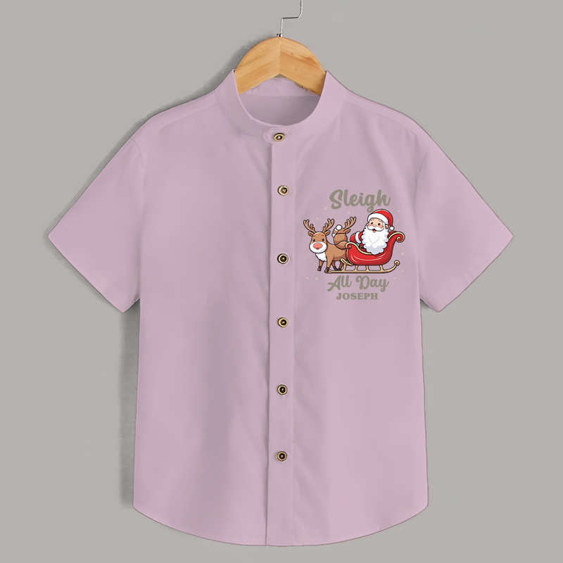 "Sleigh All Day " - Christmas Themed Kids Shirt With Customized name - PINK - 0 - 6 Months Old (Chest 23")