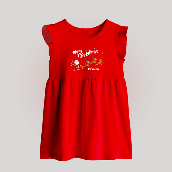 "Christmas Celebration" - Christmas Themed Baby Frock With Customized name - RED - 0 - 3 Months Old (Chest 17")