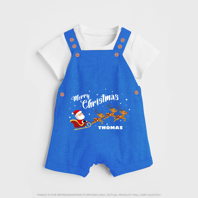 "Christmas Celebration" - Christmas Themed Kids Dungaree Set With Customized name - COBALT BLUE - 0 - 5 Months Old (Chest 18")