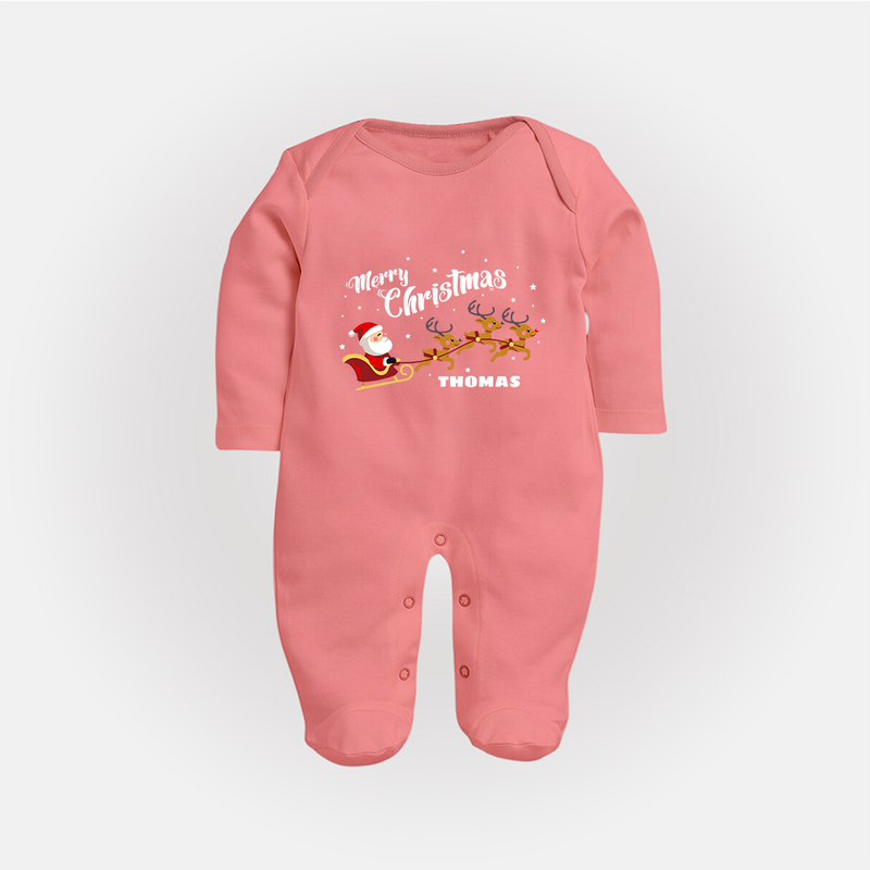 "Christmas Celebration" - Christmas Themed Baby Sleep Suit With Customized name - PEACH - New Born (Chest 7.5")