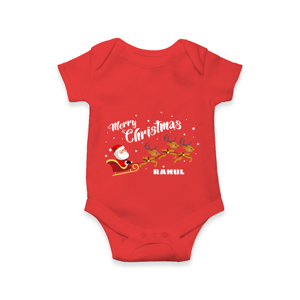 Merry Christmas Santa Sleigh Ride – Personalized Baby Romper - RED - New Born (Chest 14")