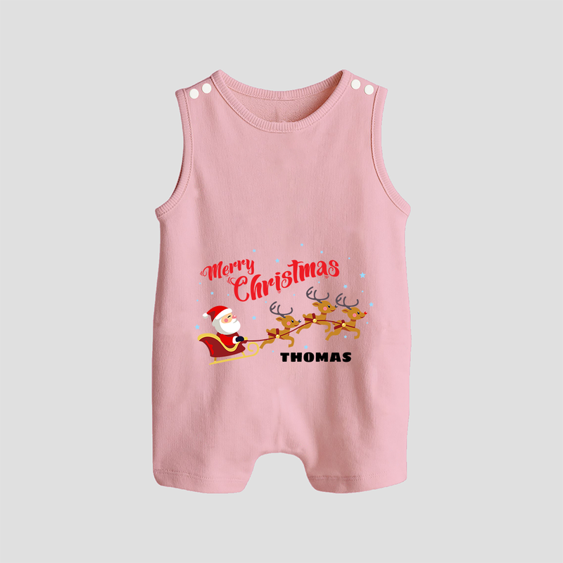 "Christmas Celebration" - Christmas Themed Button Romper With Customized name - BABY PINK - 0 - 5 Months Old (Chest 18")