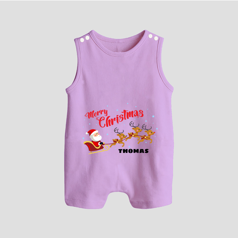 "Christmas Celebration" - Christmas Themed Button Romper With Customized name - LILAC - 0 - 5 Months Old (Chest 18")