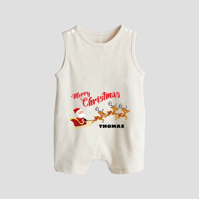 "Christmas Celebration" - Christmas Themed Button Romper With Customized name - WHITE - 0 - 5 Months Old (Chest 18")