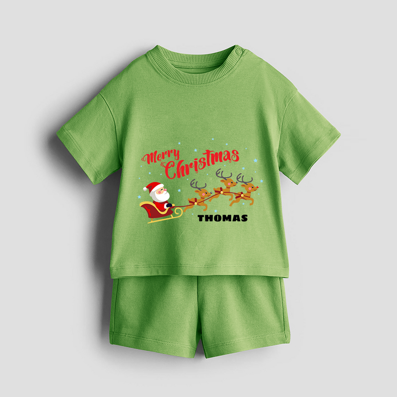 "Christmas Celebration" - Christmas Themed Kids Co-ord Set With Customized name - KIWI GREEN - 0-5 months old  (Chest 18")