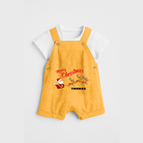 "Christmas Celebration" - Christmas Themed Kids Dungaree Set With Customized name - PASTEL YELLOW - 0 - 5 Months Old (Chest 18")