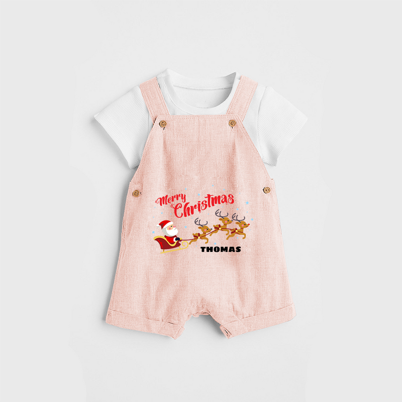 "Christmas Celebration" - Christmas Themed Kids Dungaree Set With Customized name - PEACH - 0 - 5 Months Old (Chest 18")