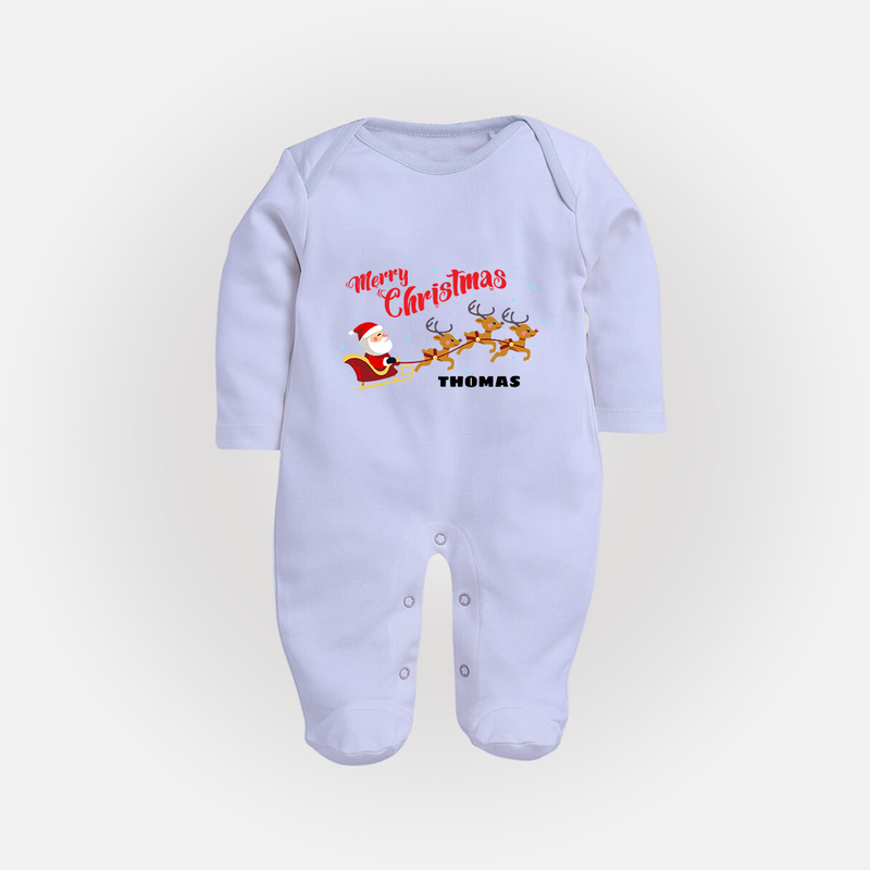 "Christmas Celebration" - Christmas Themed Baby Sleep Suit With Customized name - BABY BLUE - New Born (Chest 7.5")