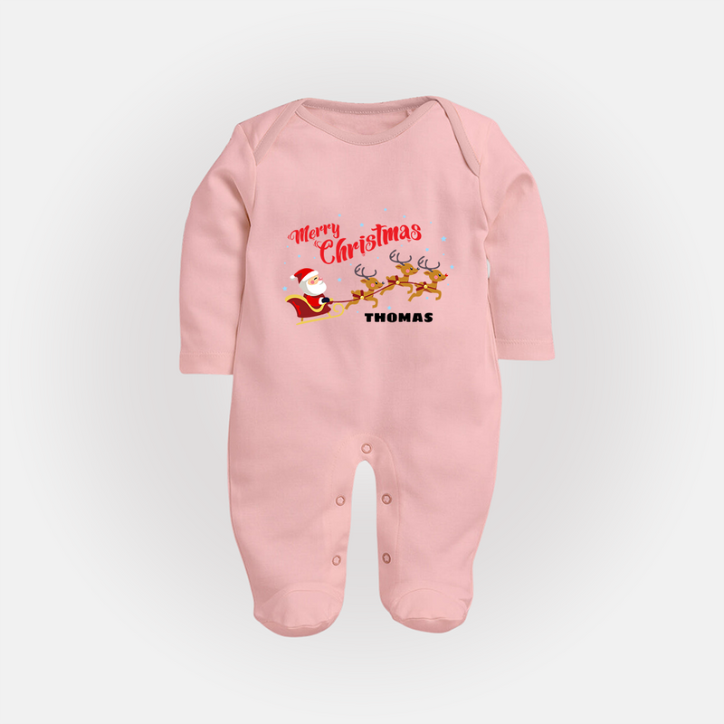 "Christmas Celebration" - Christmas Themed Baby Sleep Suit With Customized name - BABY PINK - New Born (Chest 7.5")