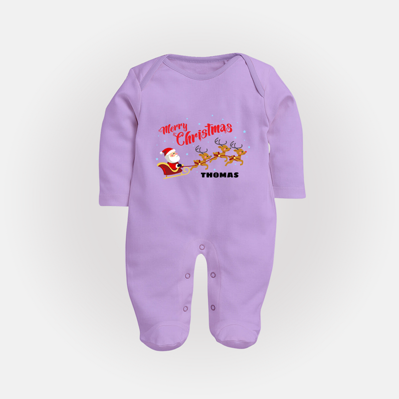 "Christmas Celebration" - Christmas Themed Baby Sleep Suit With Customized name - LILAC - New Born (Chest 7.5")