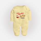 "Christmas Celebration" - Christmas Themed Baby Sleep Suit With Customized name - PASTEL YELLOW - New Born (Chest 7.5")