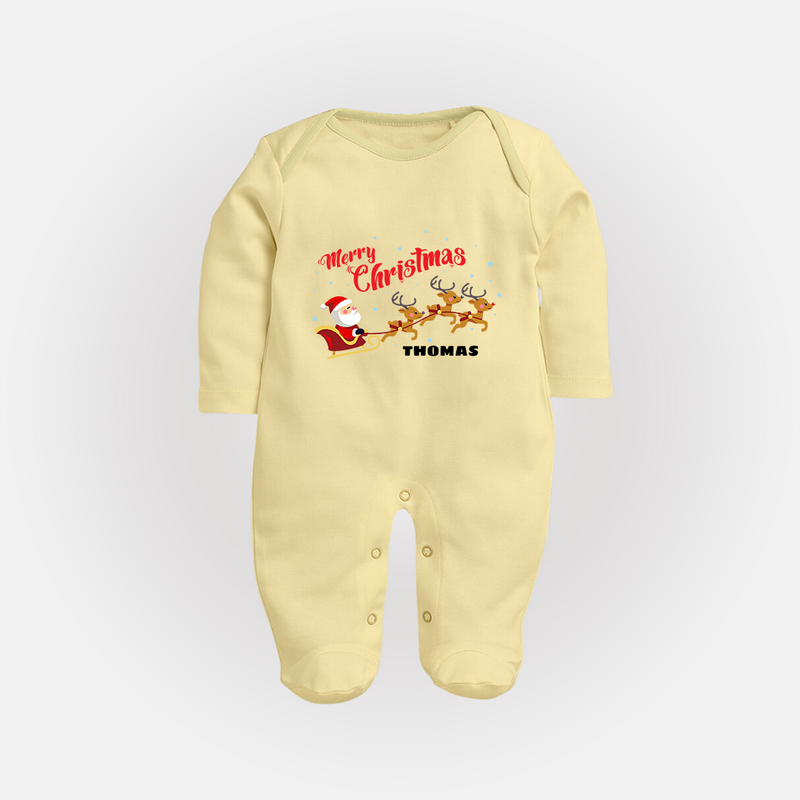 "Christmas Celebration" - Christmas Themed Baby Sleep Suit With Customized name - PASTEL YELLOW - New Born (Chest 7.5")