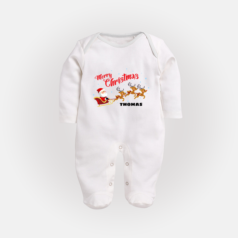 "Christmas Celebration" - Christmas Themed Baby Sleep Suit With Customized name - WHITE - New Born (Chest 7.5")