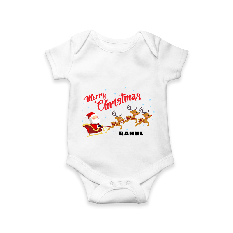 Merry Christmas Santa Sleigh Ride – Personalized Baby Romper - WHITE - New Born (Chest 14")