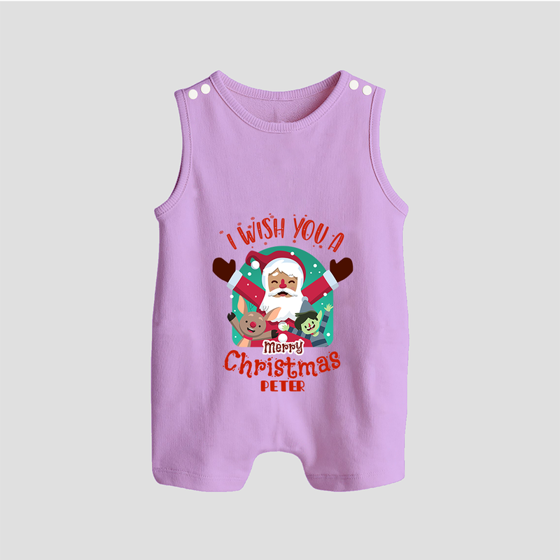 " I Wish You A Merry Christmas " - Christmas Themed Button Romper With Customized name - LILAC - 0 - 5 Months Old (Chest 18")