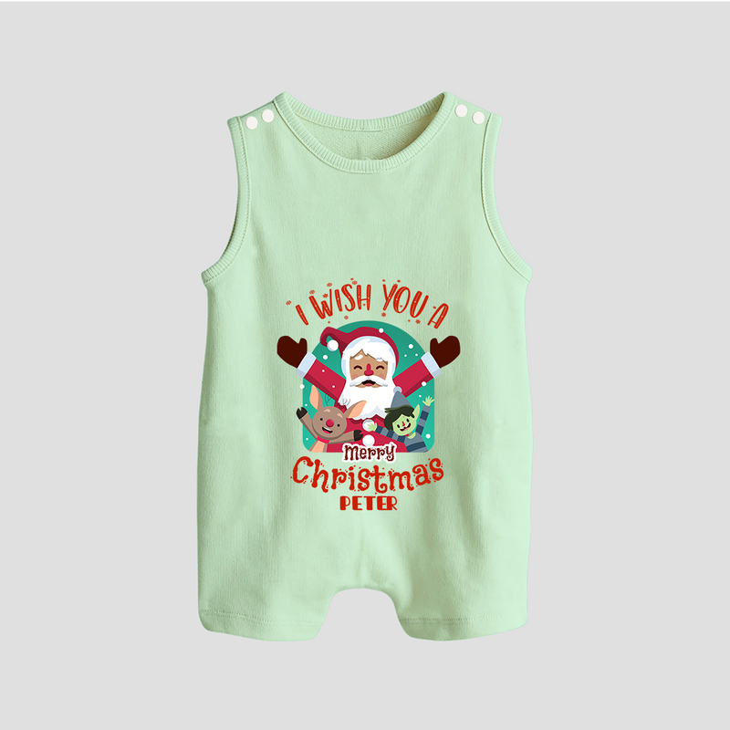 " I Wish You A Merry Christmas " - Christmas Themed Button Romper With Customized name - MINT GREEN - 0 - 5 Months Old (Chest 18")