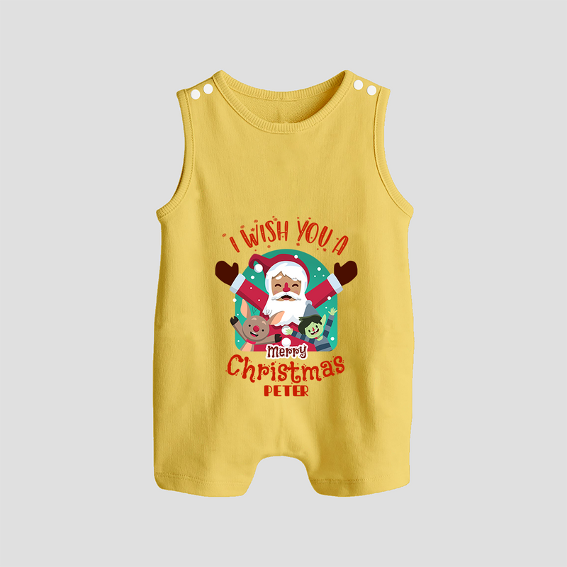 " I Wish You A Merry Christmas " - Christmas Themed Button Romper With Customized name - PASTEL YELLOW - 0 - 5 Months Old (Chest 18")