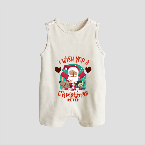 " I Wish You A Merry Christmas " - Christmas Themed Button Romper With Customized name - WHITE - 0 - 5 Months Old (Chest 18")