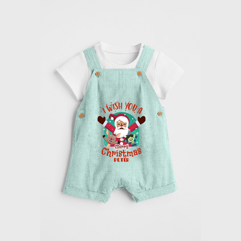 " I Wish You A Merry Christmas " - Christmas Themed Kids Dungaree Set With Customized name - ARCTIC BLUE - 0 - 5 Months Old (Chest 18")