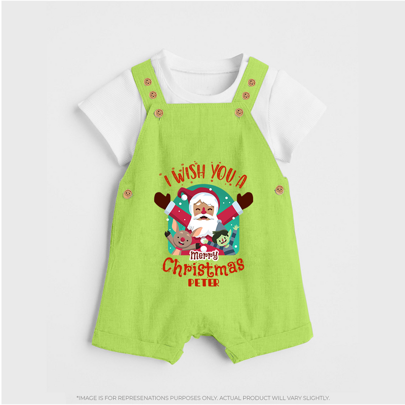 " I Wish You A Merry Christmas " - Christmas Themed Kids Dungaree Set With Customized name - GREEN - 0 - 5 Months Old (Chest 18")