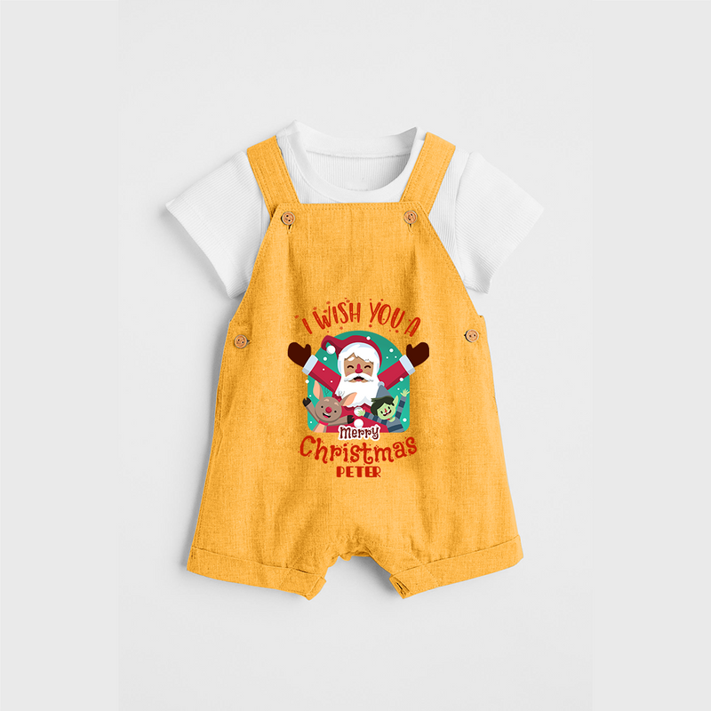 " I Wish You A Merry Christmas " - Christmas Themed Kids Dungaree Set With Customized name - PASTEL YELLOW - 0 - 5 Months Old (Chest 18")