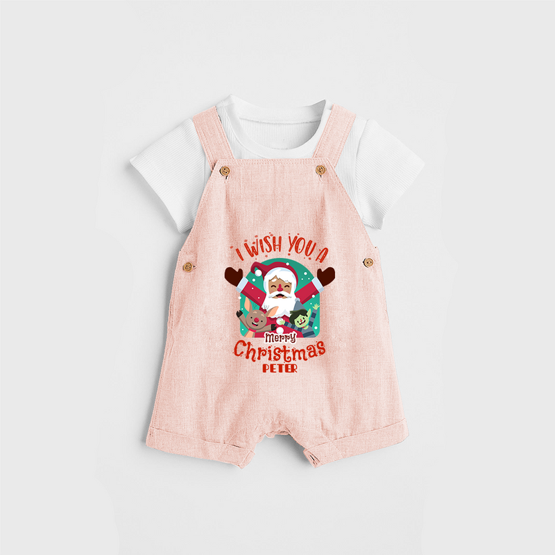 " I Wish You A Merry Christmas " - Christmas Themed Kids Dungaree Set With Customized name - PEACH - 0 - 5 Months Old (Chest 18")