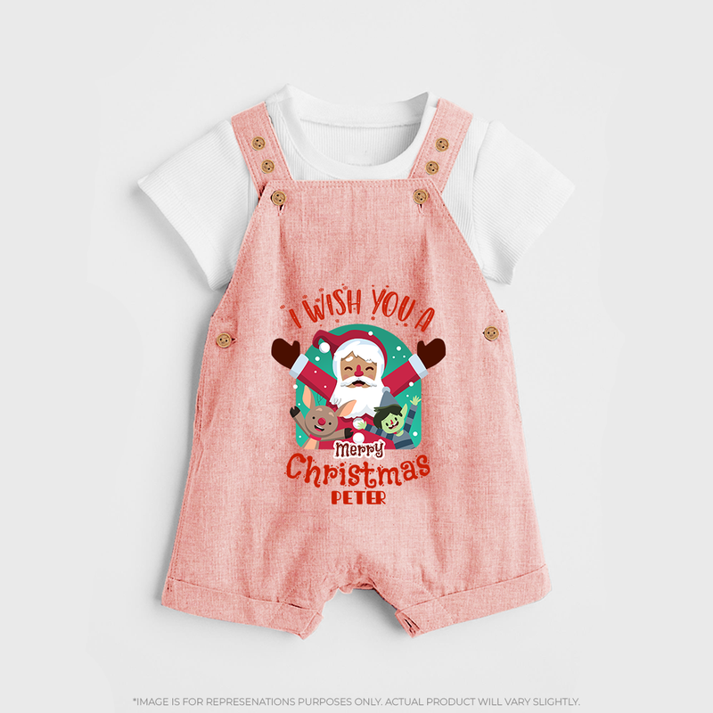 " I Wish You A Merry Christmas " - Christmas Themed Kids Dungaree Set With Customized name - PEACH - 0 - 5 Months Old (Chest 18")