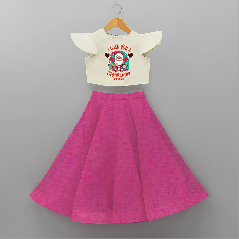 " I Wish You A Merry Christmas " - Christmas Themed Kids Crop Top And Skirt With Customized name - FUSCHIA - 6 - 9 Months Old (Chest 20" , Frock Waist 20")