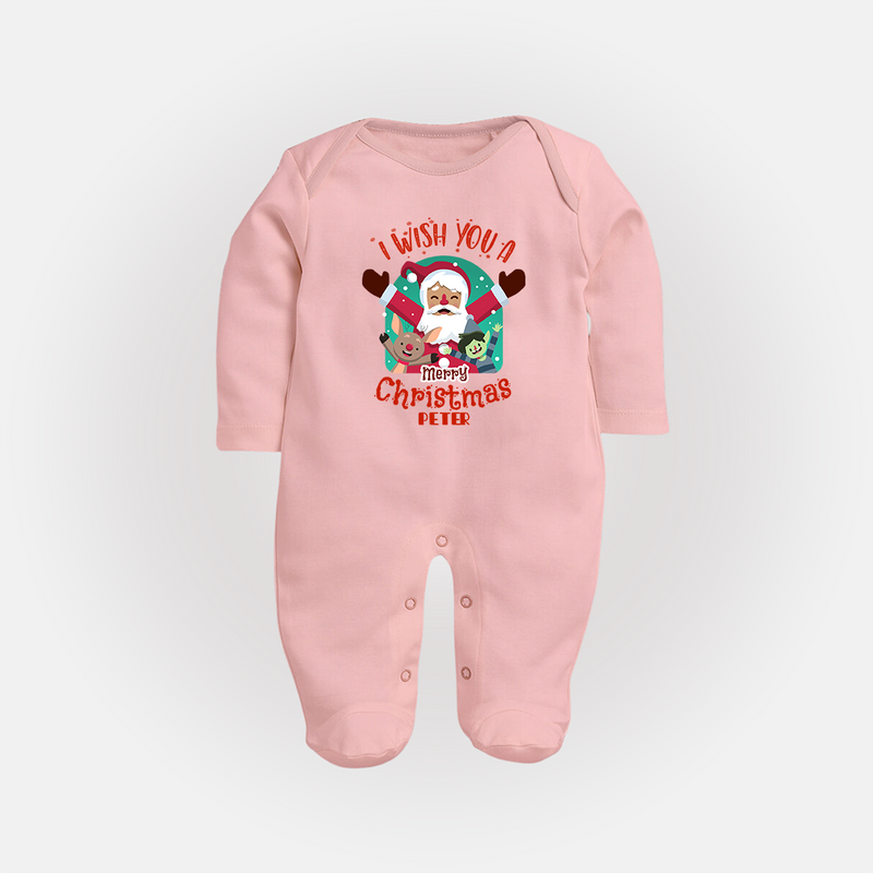 " I Wish You A Merry Christmas " - Christmas Themed Baby Sleep Suit With Customized name - BABY PINK - New Born (Chest 7.5")