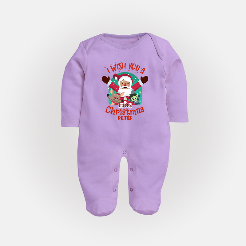 " I Wish You A Merry Christmas " - Christmas Themed Baby Sleep Suit With Customized name - LILAC - New Born (Chest 7.5")