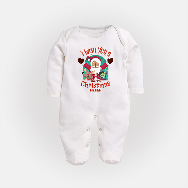 " I Wish You A Merry Christmas " - Christmas Themed Baby Sleep Suit With Customized name - WHITE - New Born (Chest 7.5")