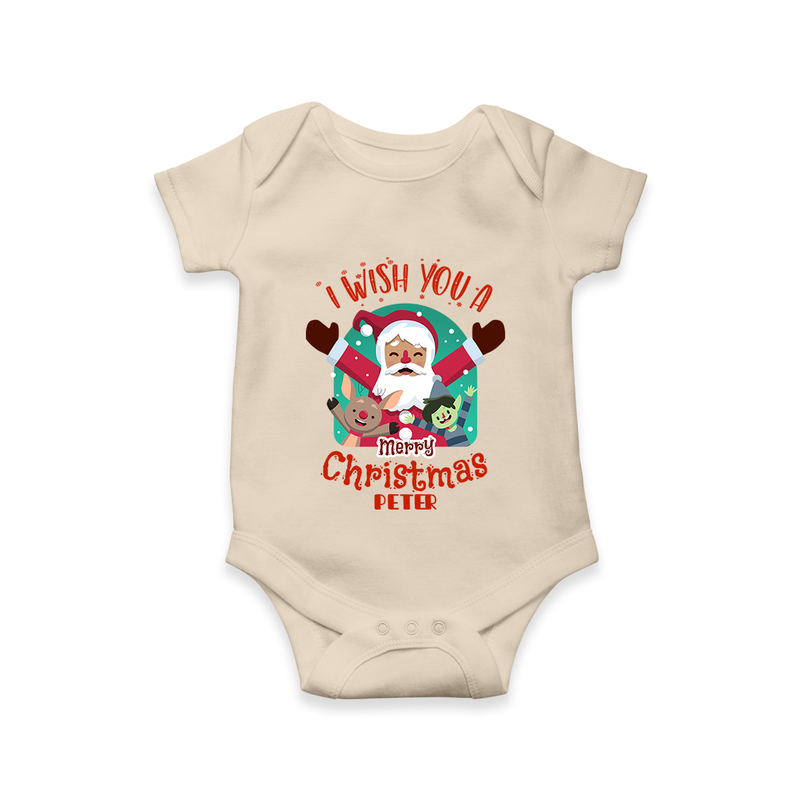 " I Wish You A Merry Christmas " - Christmas Themed Kids Romper With Customized name - IVORY - 0 - 3 Months Old (Chest 16")