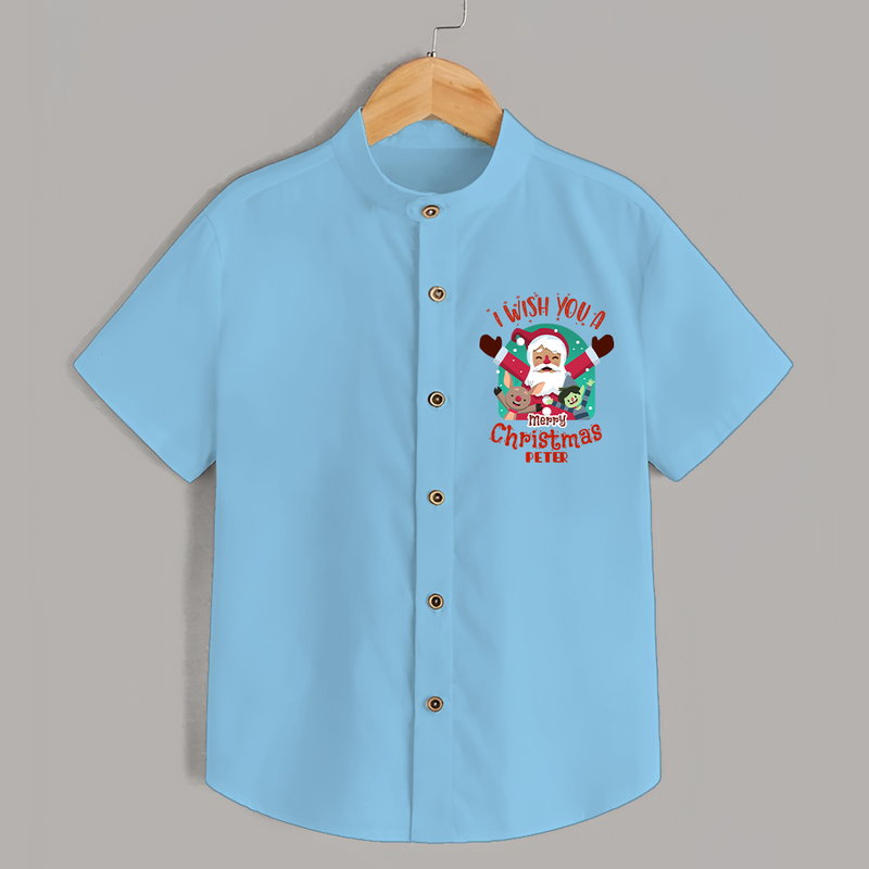 " I Wish You A Merry Christmas " - Christmas Themed Kids Shirt With Customized name - SKY BLUE - 0 - 6 Months Old (Chest 23")