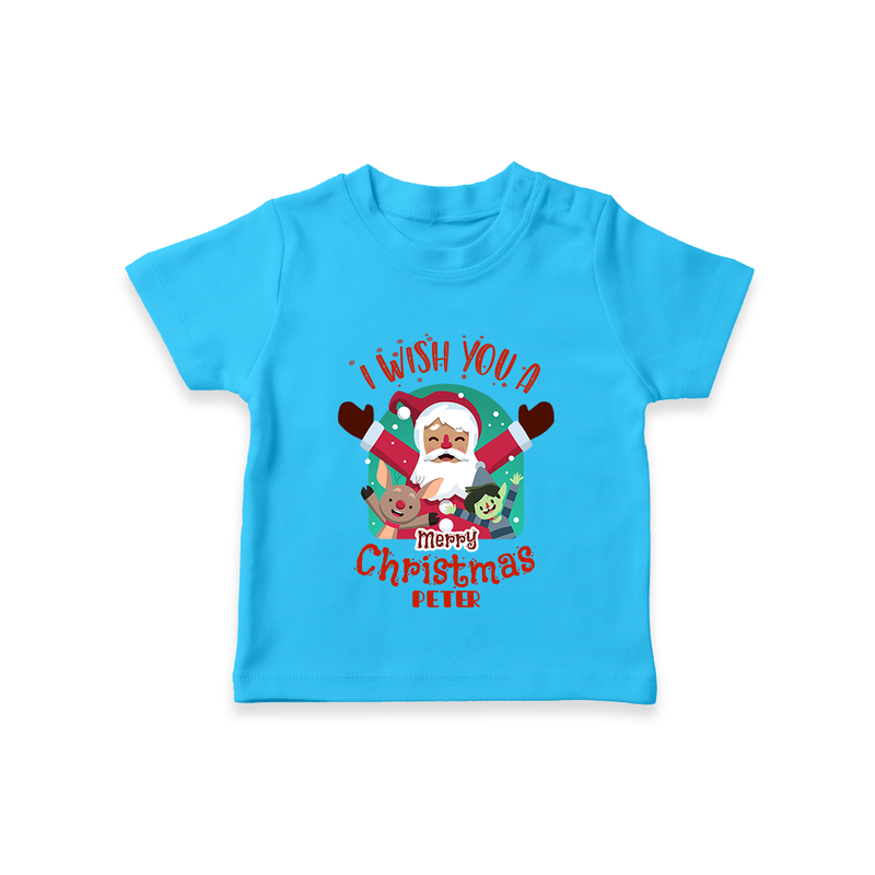 " I Wish You A Merry Christmas " - Christmas Themed Kids T-Shirt With Customized name - SKY BLUE - 0-5 Months Old (Chest 17")