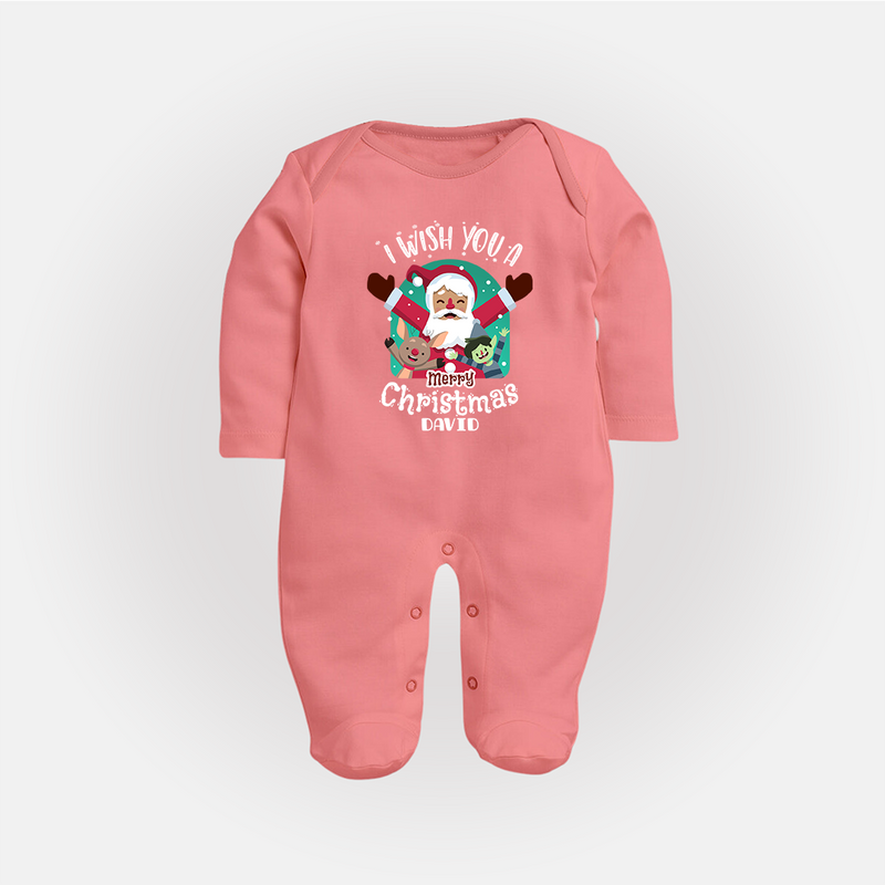 " I Wish You A Merry Christmas " - Christmas Themed Baby Sleep Suit With Customized name - PEACH - New Born (Chest 7.5")